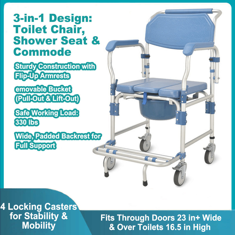 3 in 1 Bedside Commode Wheelchair with Drop Arms & Lockable Casters, Waterproof Aluminum Shower Chair, Anti-Tilt Foldable Footrest, Sponge Padded Seat, 330lbs Weight Capacity