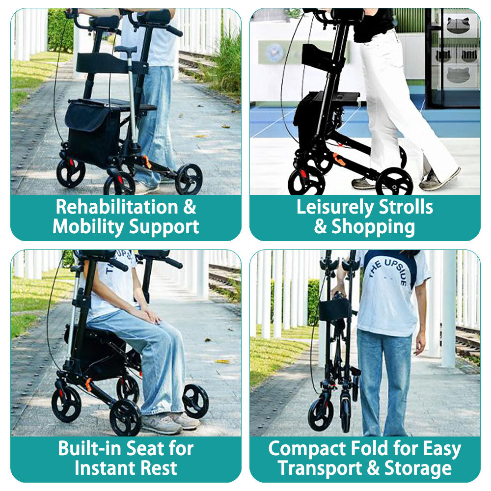 All Terrain Upright Rollator Walker with Seat, Stand up Rolling Walker, Compact Folding Design for Seniors