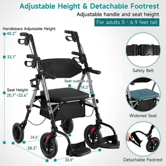 2-in-1 Rollator Walker Transport Chair 10" Wheels