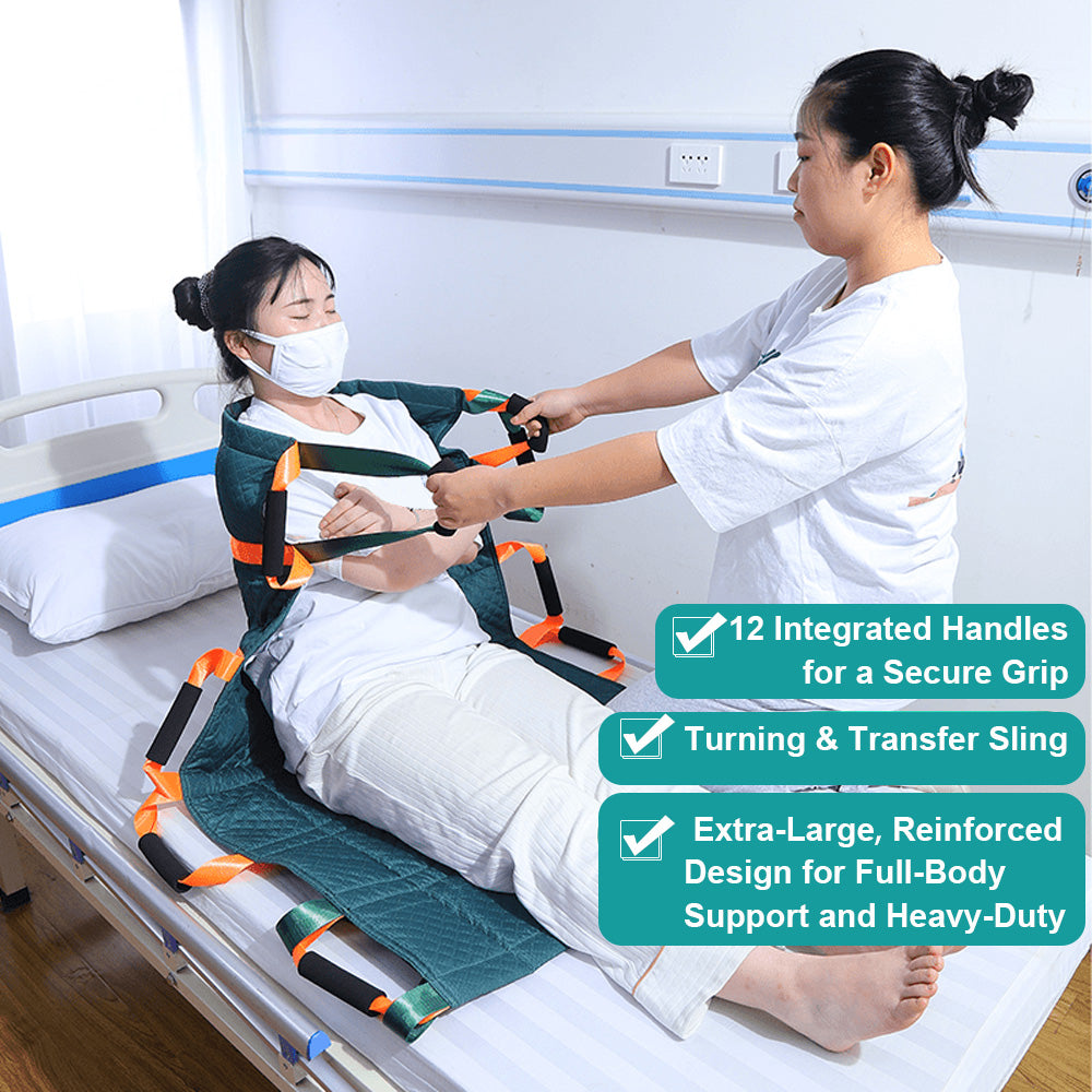 12-Handle Patient Positioning Transfer Pad / Slide Sheet - Heavy Duty Transfer Board with Handles for Safe Patient Lifting & Turning