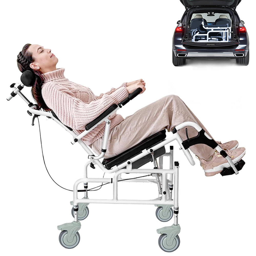 Reclining Shower Chair with Wheels - Commode Wheelchair for Seniors, Disabled, Bariatric & Handicap - Padded Transfer Rolling Chairs with Arms - Portable & Waterproof - Extra Wide Seat