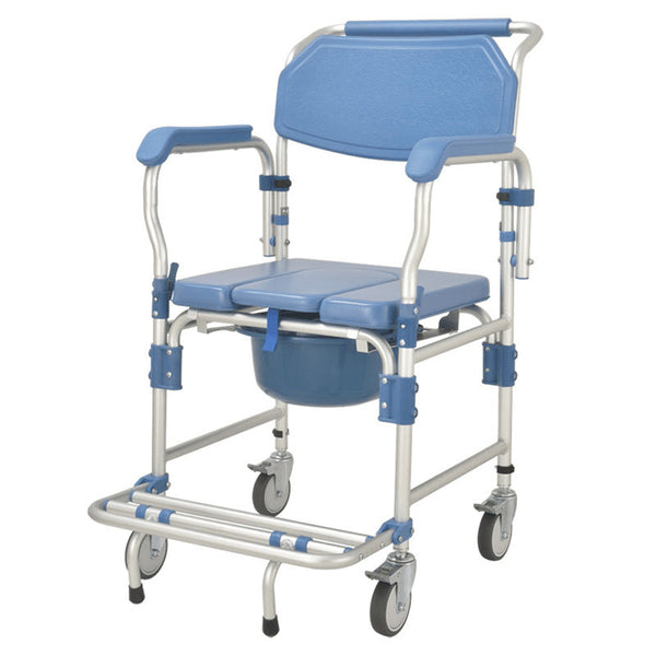 3 in 1 Bedside Commode Wheelchair with Drop Arms & Lockable Casters, Waterproof Aluminum Shower Chair, Anti-Tilt Foldable Footrest, Sponge Padded Seat, 330lbs Weight Capacity