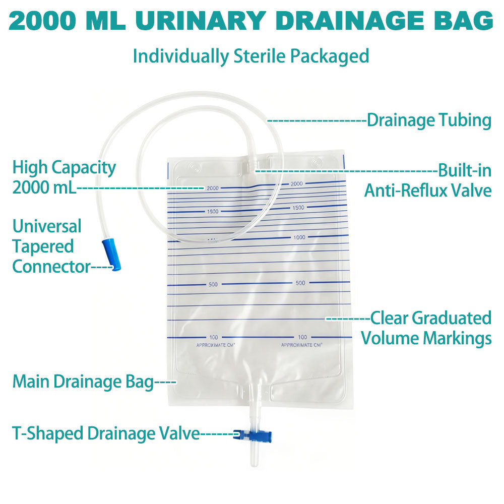 Disposable Urine Bag 2000ml | 90cm Tube | Cross Valve | 50pk