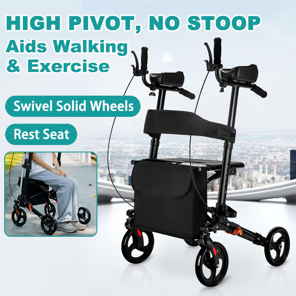 All Terrain Upright Rollator Walker with Seat, Stand up Rolling Walker, Compact Folding Design for Seniors