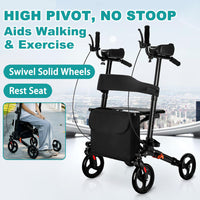 All Terrain Upright Rollator Walker with Seat, Stand up Rolling Walker, Compact Folding Design for Seniors