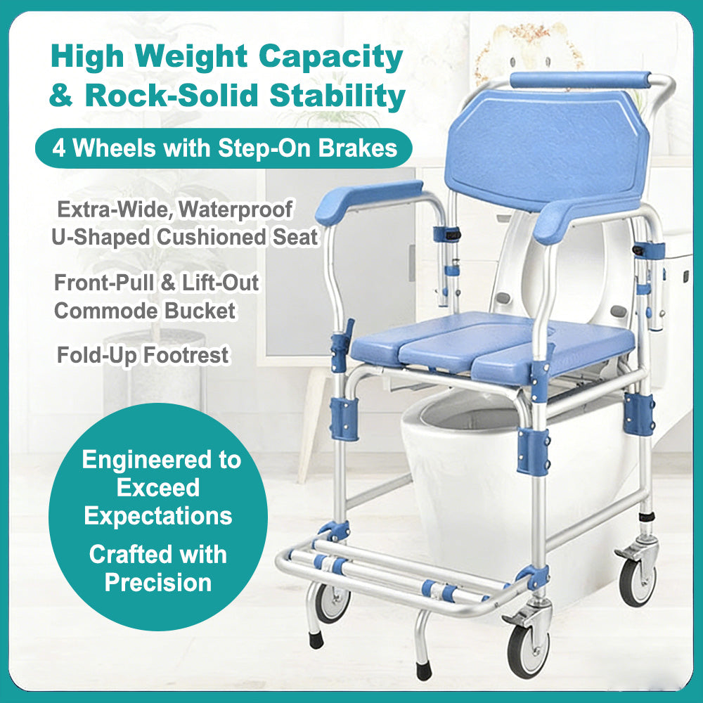 3 in 1 Bedside Commode Wheelchair with Drop Arms & Lockable Casters, Waterproof Aluminum Shower Chair, Anti-Tilt Foldable Footrest, Sponge Padded Seat, 330lbs Weight Capacity