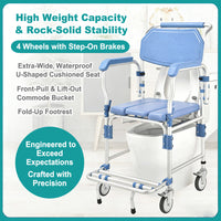 3 in 1 Bedside Commode Wheelchair with Drop Arms & Lockable Casters, Waterproof Aluminum Shower Chair, Anti-Tilt Foldable Footrest, Sponge Padded Seat, 330lbs Weight Capacity