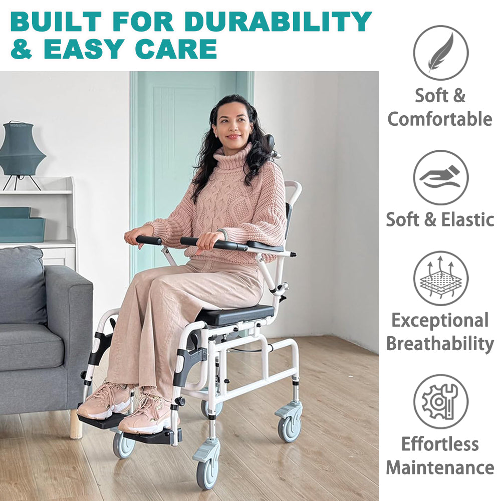 Reclining Shower Chair with Wheels - Commode Wheelchair for Seniors, Disabled, Bariatric & Handicap - Padded Transfer Rolling Chairs with Arms - Portable & Waterproof - Extra Wide Seat