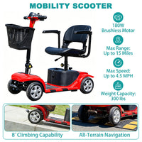 4-Wheel Portable Mobility Scooter for Travel, Easy Disassembly, Compact Design, 300 lb Capacity, Battery Included