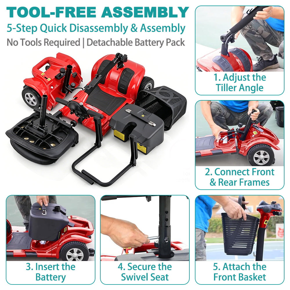 4-Wheel Portable Mobility Scooter for Travel, Easy Disassembly, Compact Design, 300 lb Capacity, Battery Included