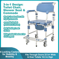 3 in 1 Bedside Commode Wheelchair with Drop Arms & Lockable Casters, Waterproof Aluminum Shower Chair, Anti-Tilt Foldable Footrest, Sponge Padded Seat, 330lbs Weight Capacity