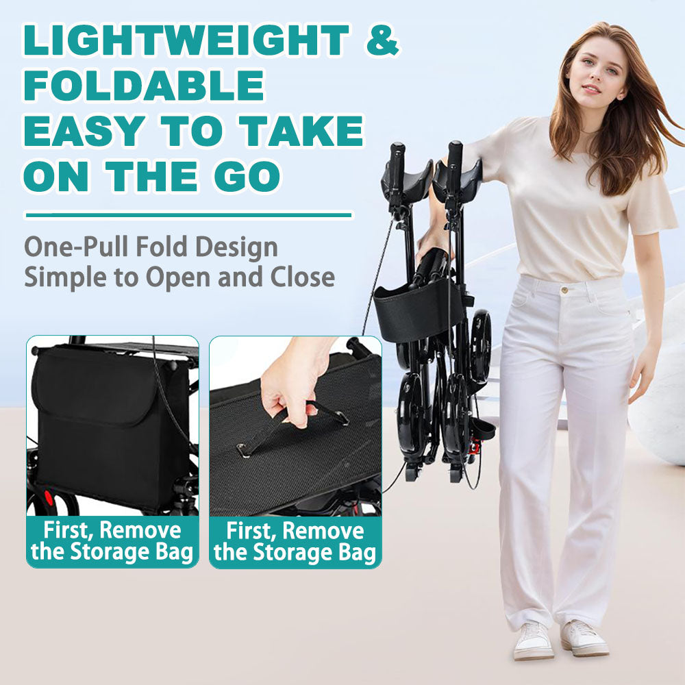 All Terrain Upright Rollator Walker with Seat, Stand up Rolling Walker, Compact Folding Design for Seniors