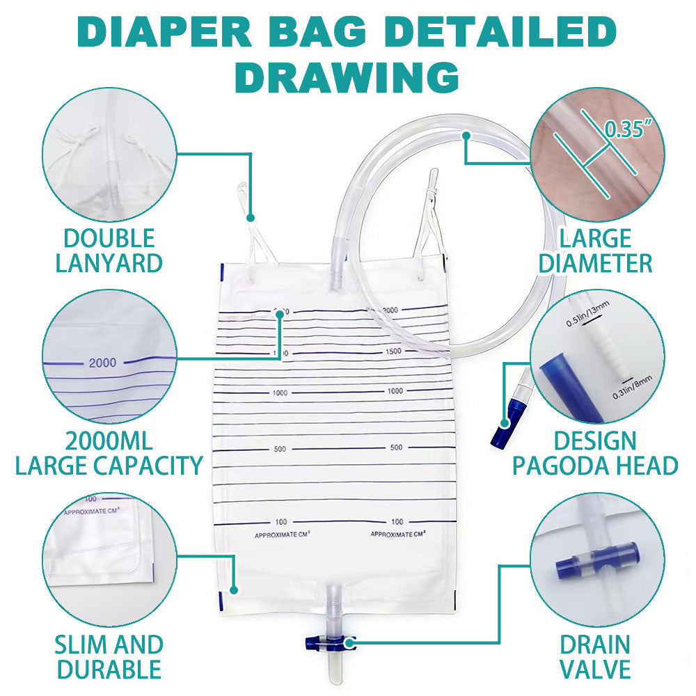 2000ml Disposable Sterile Urine Bag | Cross Anti-Reflux Valve | 90cm Tube | Pack of 10