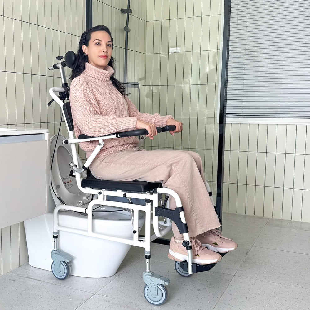 Reclining Shower Chair with Wheels - Commode Wheelchair for Seniors, Disabled, Bariatric & Handicap - Padded Transfer Rolling Chairs with Arms - Portable & Waterproof - Extra Wide Seat