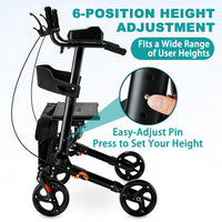 All Terrain Upright Rollator Walker with Seat, Stand up Rolling Walker, Compact Folding Design for Seniors