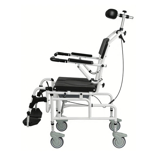 Reclining Shower Chair with Wheels - Commode Wheelchair for Seniors, Disabled, Bariatric & Handicap - Padded Transfer Rolling Chairs with Arms - Portable & Waterproof - Extra Wide Seat