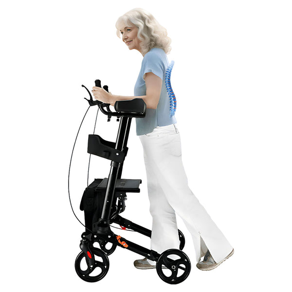 All Terrain Upright Rollator Walker with Seat, Stand up Rolling Walker, Compact Folding Design for Seniors